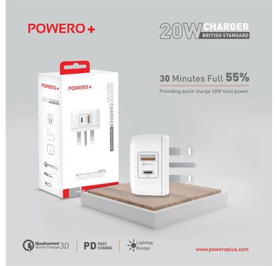 Powero+ Wall Charger - British Standard Charger 20W with Type-C Port & USB-A Port - Compact & Durable Fast Charging Portable Adapter with Intelligent Protection System - White