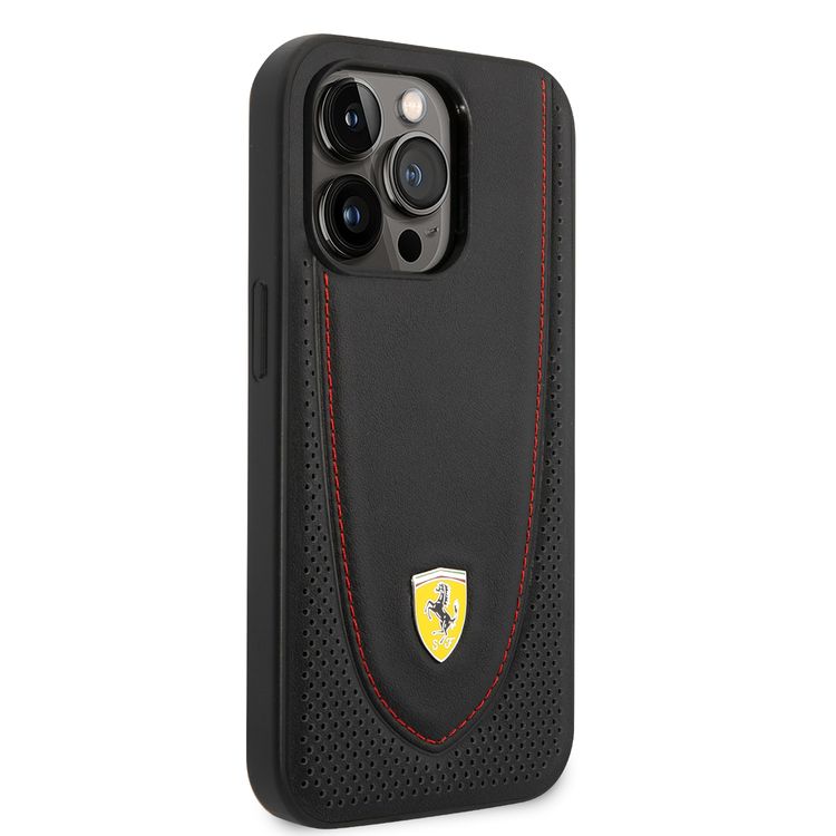 CG Ferrari Magsafe Compatibility Genuine Leather Hard Case with Curved Line Stitched iPhone 14 Pro Max Compatibility - Black