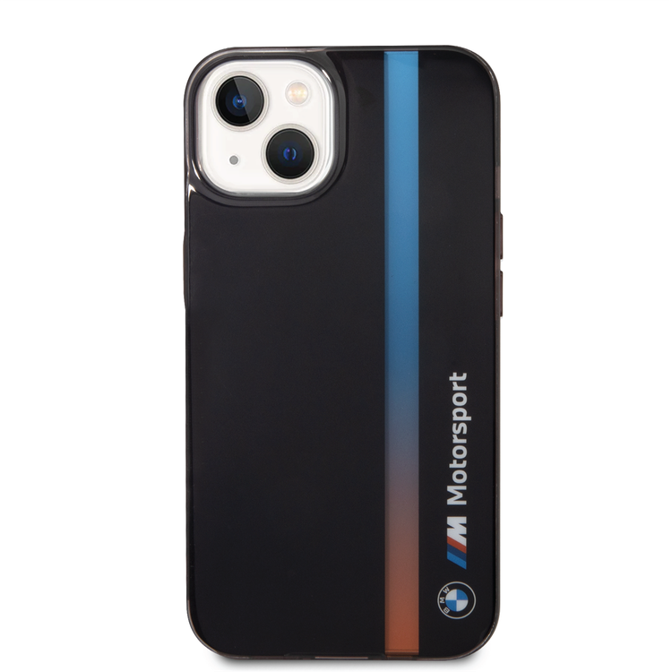 BMW Motorsport Collection PC/TPU IML Case with Printed Tricolor Fading Stripe iPhone 14 Plus Compatibility - Black