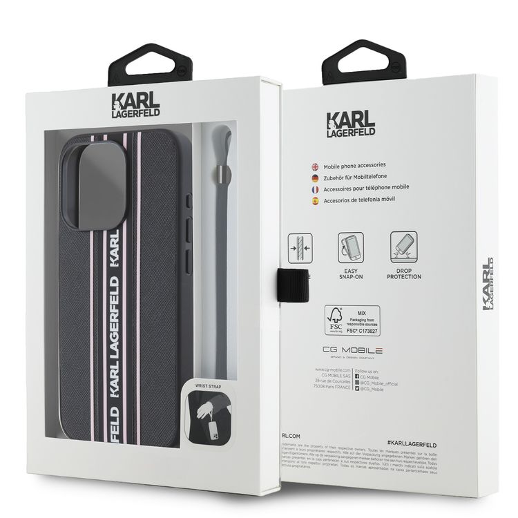 Karl Lagerfeld PU Hard Case with Athleisure Strips for iphone 16 Pro, Lightweight, High-Quality Material, Comfortable and secure grip - Pink