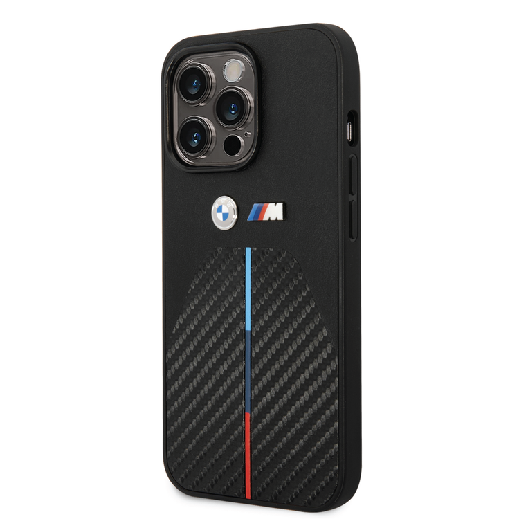 BMW M Collection Quilted PU Carbon Case with Hot Stamped Tricolor Stripe & Metal Logos iPhone 14 Pro Max Compatibility - Black