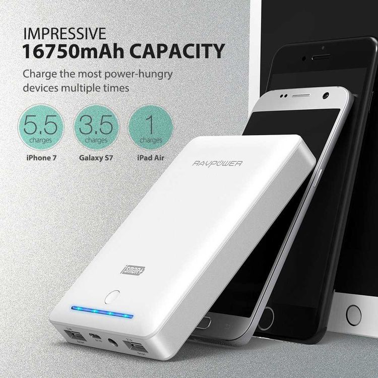 RAVPower Power Bank 16750mAh w/ Built-in Flashlight - Travel-friendly - Fast Charging Portable Charger Powerbank - Dual iSmart 2.0 Charging Port - Scratch Resistant Shell - White