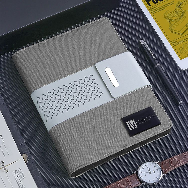 Levelo Techbook Notebook Leather Cover with 8000mAh Built-in Power Bank, Ballpoint Pen, 80pcs Paper Sheets, Loose-Leaf Binder - Gray