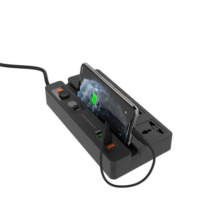 Powerology Universal Socket 4 AC 3 USB Ports & USB-C PD 35W Multiport Socket with Phone Stand and Timer, Fire-Proof Protection (Black)
