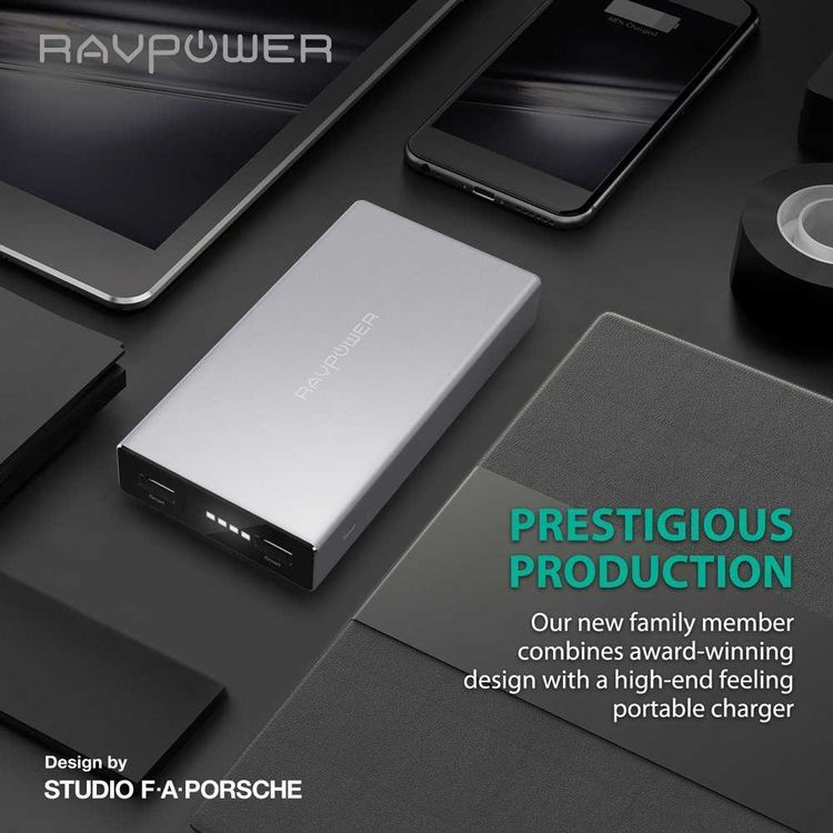 RAVPower External Battery Pack 20100mAh Power Bank - Dual iSmart 2.0 Ports - Fast Charging Connector - Sleek Edges Portable Charger Powerbank with Fire-proof Protection - Silver