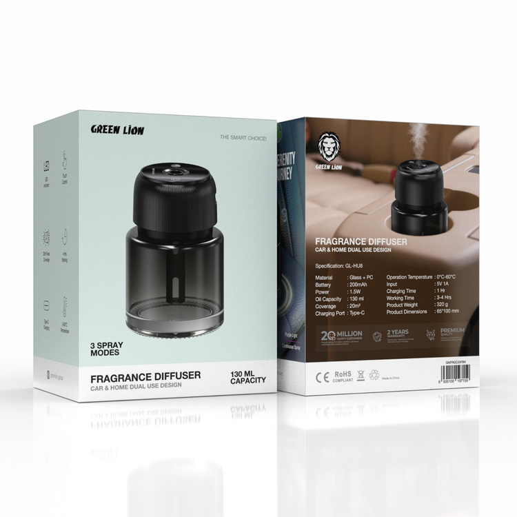 Green Lion Fragrance Diffuser 130mL, 3 Spray Modes, Touch Control, LED Display, 1 Hour Charging Time, 200mAh Battery, 20 m² Coverage, 3-4 Hours Working Time - Black