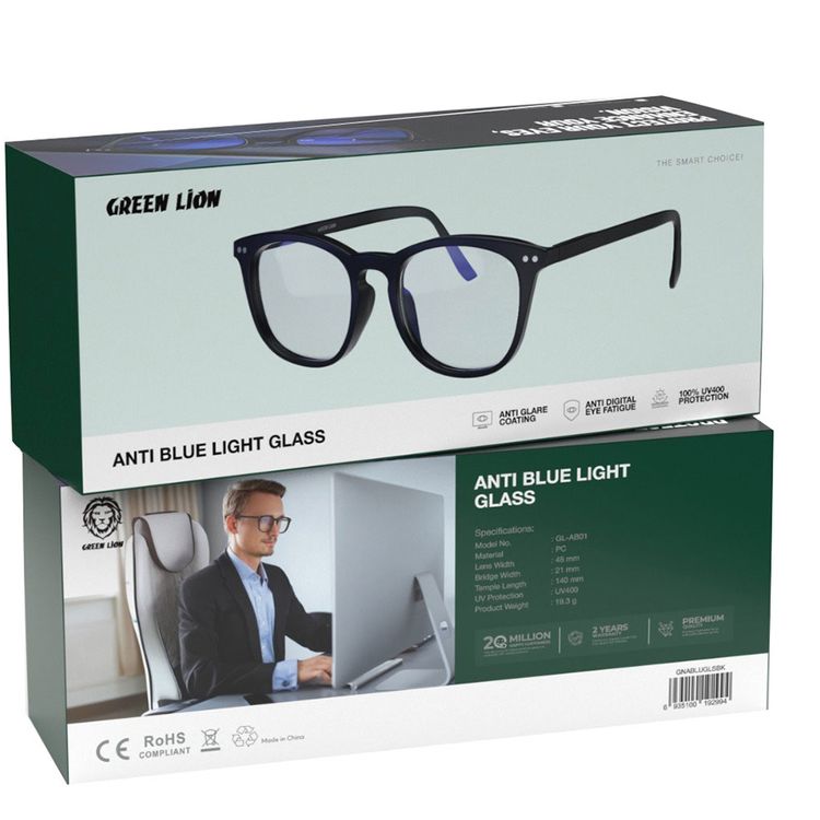 Green Lion Anti Glare Glasses with UV400 Protection, PC Material, Anti Digital Eye Fatigue, Optical Clarity, Anti Glare Coating - Black