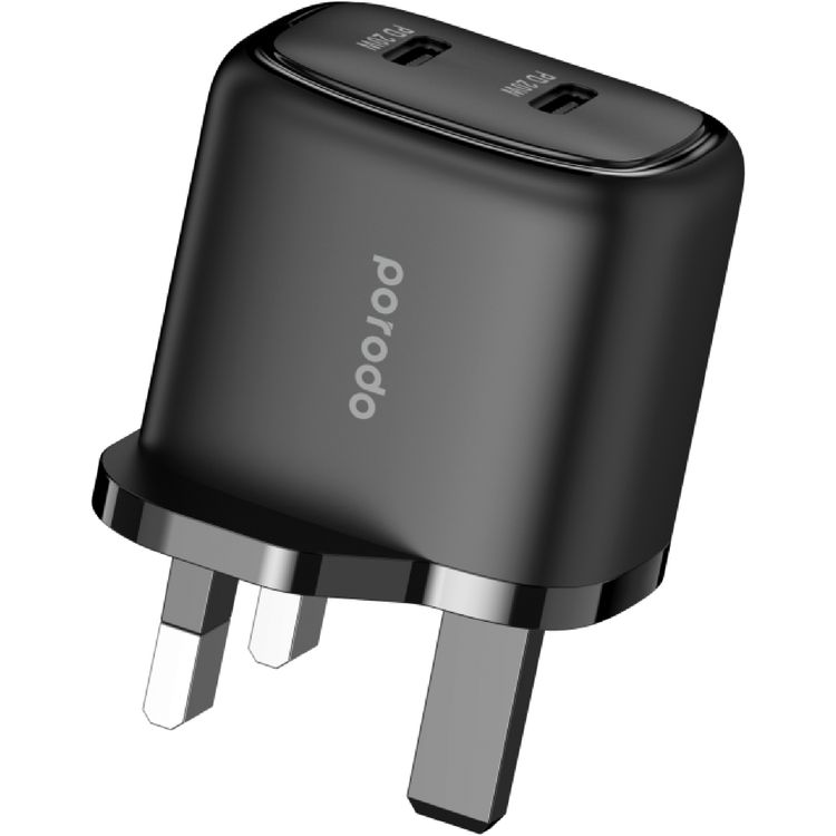 شاحن حائط Porodo ثنائي المنفذ USB-C يشحن جهازين في وقت واحد - أسود