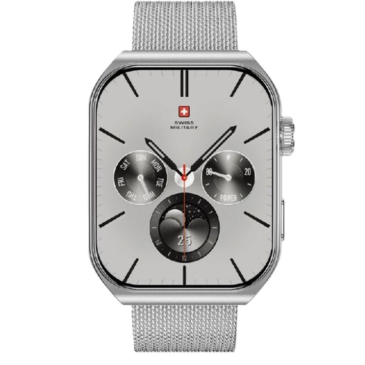 Swiss Military Alps 3 Smartwatch, 1.96" AMOLED Curved Glass Display, 1 Week Battery Life, Wireless Charging, Water Resistance, Receive and Makes Calls - Steel Silver Strap