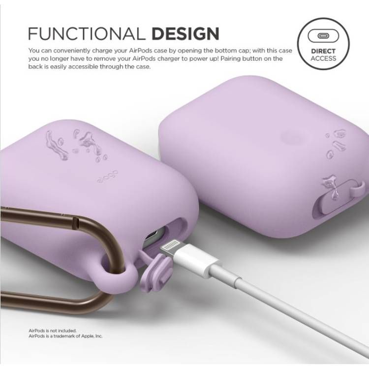 Elago Silicone Waterproof Hang Case with Anti-Lost Carabiner Compatible for AirPods 1/2, Dust Proof and Impact Protection, Scratch Resistant Cover - Lavender Lavender