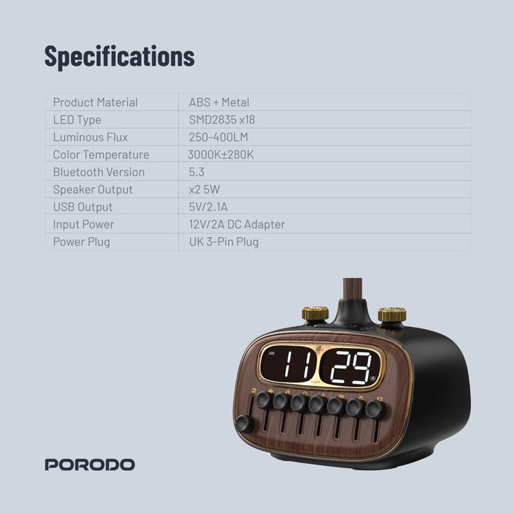 مصباح مكتبي ريترو من بورودو مع ضوضاء بيضاء ومكبر صوت بتقنية البلوتوث ووظيفة التنبيه والغفوة و3 مستويات سطوع (منخفضة ومتوسطة وعالية) وشحن لاسلكي مزدوج وشاشة رقمية عالية الدقة - أسود 