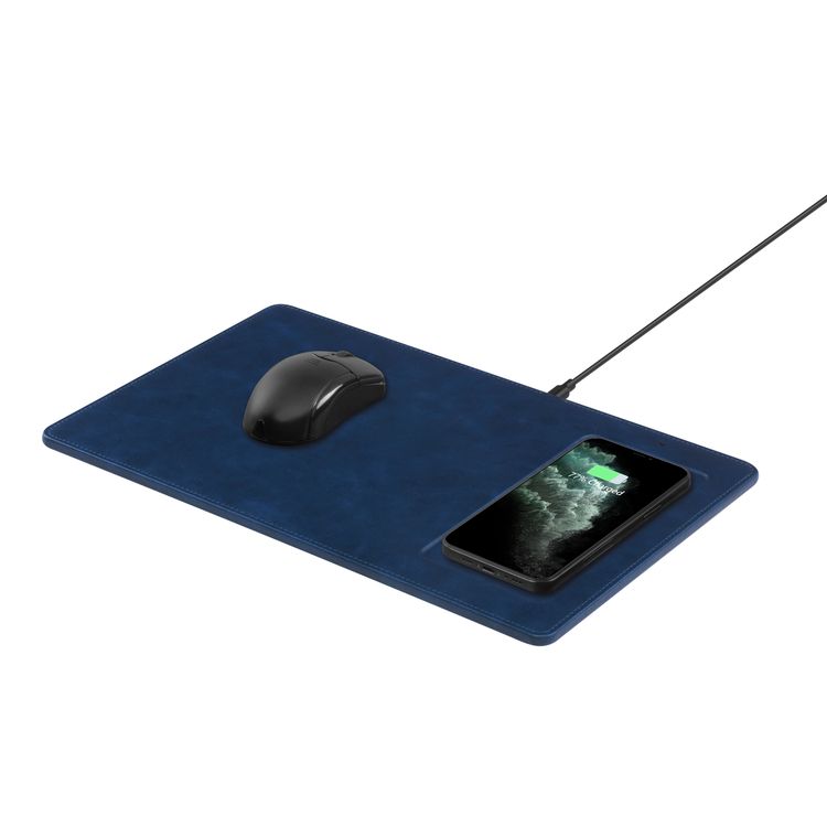 Powerology PU Leather Qi Wireless Charging Mouse Pad 10W, Case-Friendly, Fast Wireless Charging Mouse Mat Compatible for 12/12 Pro/12 Pro Max/11/11 Pro/11 Pro Max, Samsung Galaxy S10/S9/S8/Note 10 - Navy Blue