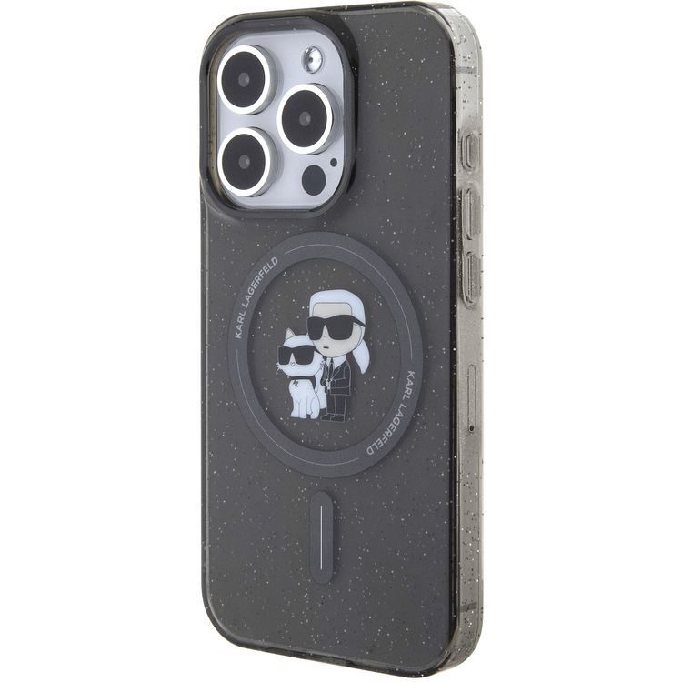 Karl Lagerfeld Magsafe IML Glitter Hard Case for iPhone 16 Pro Max with Karl & Choupette Logo, Slim Profile, Easy Snap-on, Drop Protection, Lightweight, Sustainable Packaging- Black