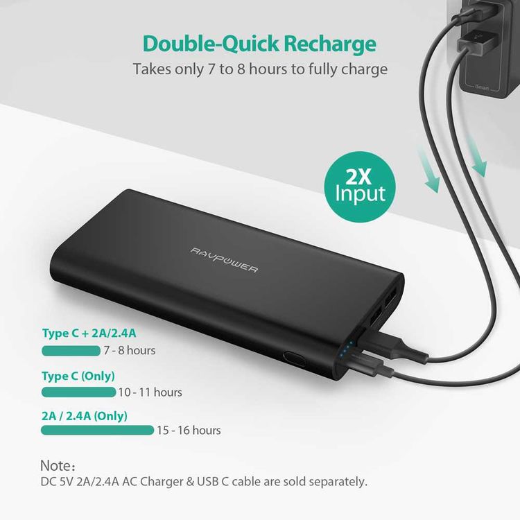RAVPower Ace Series Portable Charger Power Bank 26800mAh with Dual Input & LED Battery Level Indicator - Type-C Compatibility - iSmart Double-Quick Recharge Powerbank - Black