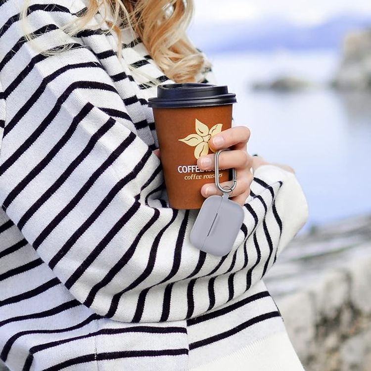 Ahastyle Retro 3D Design Premium Silicone Case with Carabiner Compatible for AirPods Pro - Ergonomic Classic Design - Dust & Shockproof Cover Supports Wireless Charging - Gray White