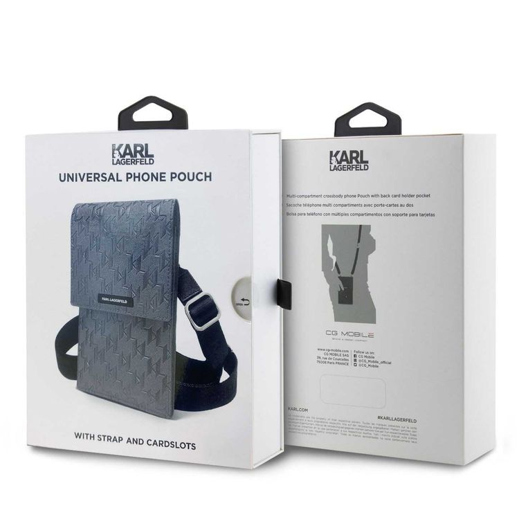 Karl Lagerfeld Monogram Plate Phone Pouch with Strap and Cardslots - Grey