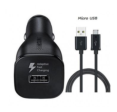 شاحن سيارة سامسونج 15 وات مع كابل ميكرو يو اس بي 2أمبير ، شاحن سيارة سريع الشحن ، محول طاقة سيارة بحجم صغير متوافق مع أجهزة ميكرو يو اس بي - أسود