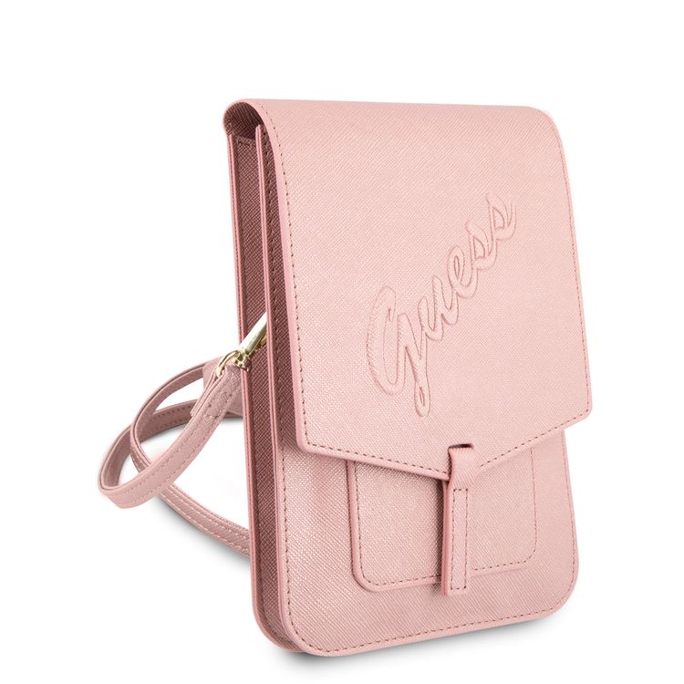 CG MOBILE Guess PU Saffiano Script Crossbody Wallet Bag with Adjustable Shoulder Strap, Portable Phone Storage Bag Suitable for Outdoor, Business, Office, School Pink