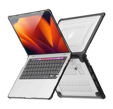 غطاء Levelo Espectro لجهاز MacBook Pro 13.3" (2018-2022)، حماية كاملة 360°، تصميم حامل قابل للطي، فتحات تهوية مدمجة، حواف مقاومة للصدمات، سهل التركيب والإزالة - اللون الأسود