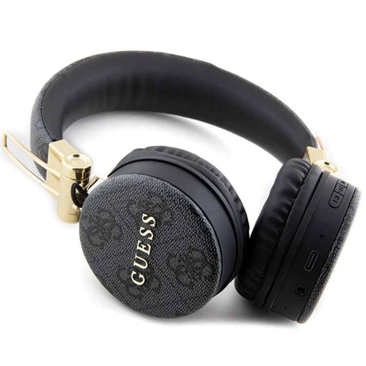 Guess سماعات رأس لاسلكية 4G جلد PU مع شعار معدني - أسود