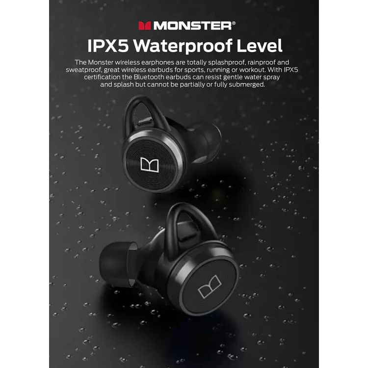 Monster Clarity 101 AirLinks Wireless Earbuds, Bluetooth Version 5.0, Type-C Charging Port, 360° Rotatable Charging Case, Touch Control, 60 Hours Battery Life - Black