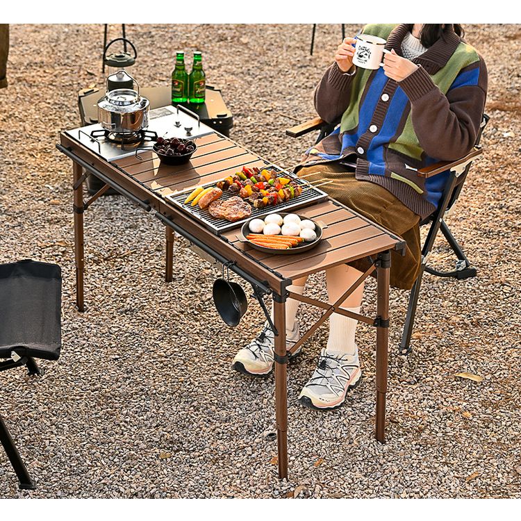 Porodo Lifestyle Portable Folding Camping Table with Detachable Stove and Mesh, 150kg Load Capacity, 45.5 to 58cm Height Range, Aluminum Material - Brown