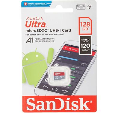 SanDisk 128GB Ultra microSDXC Micro Memory Card U1, C10, A1, UHS-1, 100MB/s R, 4x6, 10Y - SDSQUAR-128G-GN6MN - Red