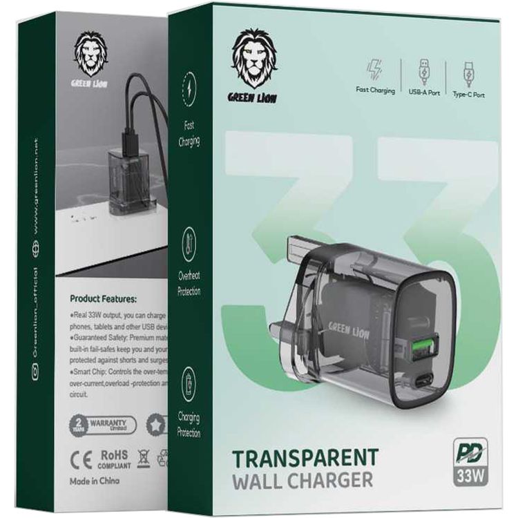 شاحن حائط شفاف من Green Lion، PD 33W، منفذين USB-A وUSB-C، حماية الشحن، حماية من الحرارة الزائدة، قابس المملكة المتحدة - أسود