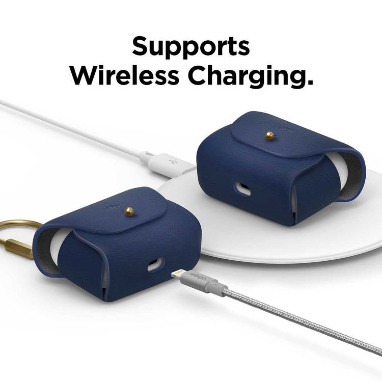 Elago Genuine Leather Case Compatible w/ Apple Airpods Pro, Vintage Design, Supports Wireless Charging, Brass Ring Holder, Anti-Slip, Shock Proof, Bring as Keychain - Jean Indigo