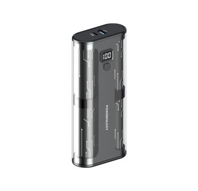 Powerology Crystalline Series Power Bank 20000mAh, PD 65W, Digital Display, Dual USB C, Portable, Transparent Design - Black
