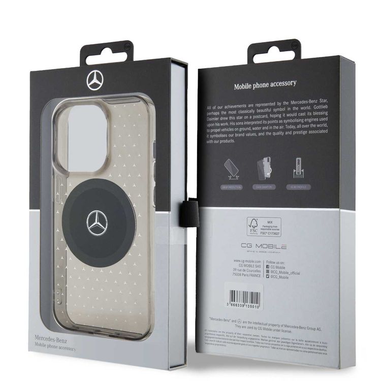 حافظة ماجسيف شفافة لهاتف آيفون 15 برو ماكس من مرسيدس بنز بنمط نجوم - أسود