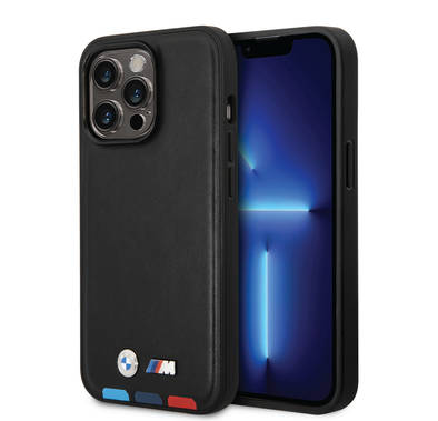 BMW M Collection PU Leather Case with Hot Stamped Tricolor Parts and Printed Logo iPhone 14 Pro Max Compatibility - Black