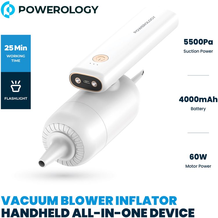 Powerology 4 in 1 180° Foldable Car Vacuum Cleaner with Type-C Charging Port, LED Indicator and 4 Nozzles - White