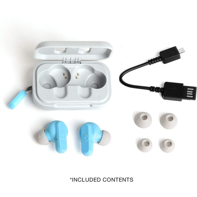 سكل كاندي دايم سماعات أذن لاسلكية حقيقية مع ميكروفون ، ومكالمات ، وتتبع ، والتحكم في مستوى الصوت ، وعمر بطارية يصل إلى 12 ساعة ، ومقاومة للعرق والماء IPX4 ، وملاءمة آمنة لعزل الضوضاء ، وسماعات توصيل تلقائي - أزرق/رمادي