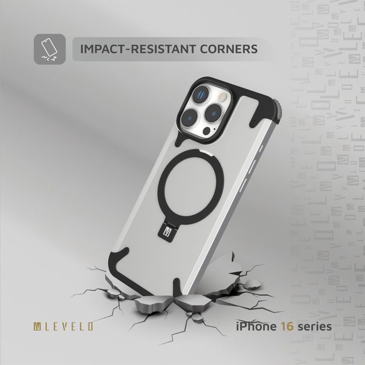 كفر حماية Levelo Metallo المصنوعة من الألومنيوم لهاتف iPhone 16 Pro، متوافقة مع MagSafe، مع حامل معدني وزوايا مقاومة للصدمات - أسود 