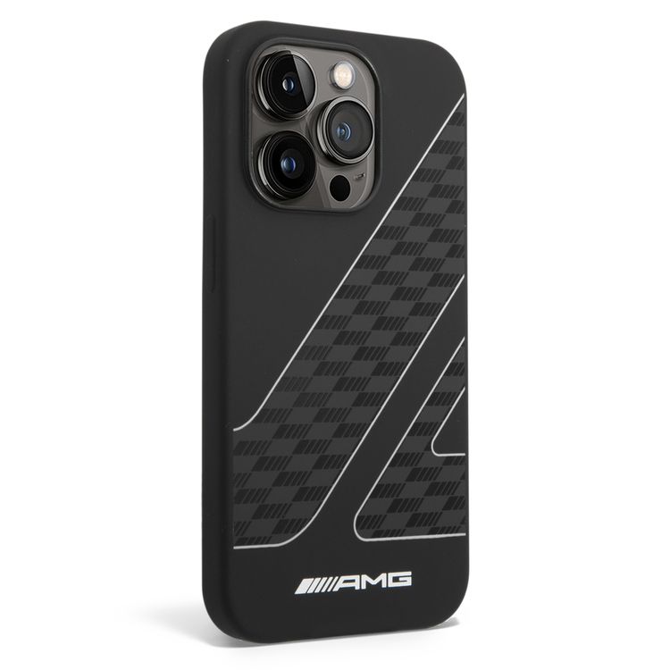 جراب من السيليكون السائل من Amg بنمط علم مربعات - آيفون 14 برو ماكس - أسود / أبيض