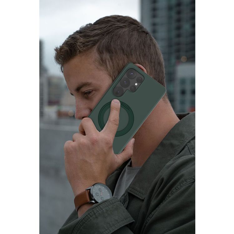 حافظة Levelo Iris Pro من السيليكون السائل متوافقة مع Magsafe لهاتف Samsung Galaxy S25 Ultra، مسند مدمج، سيليكون سائل ممتاز، زوايا مقاومة للصدمات - أخضر