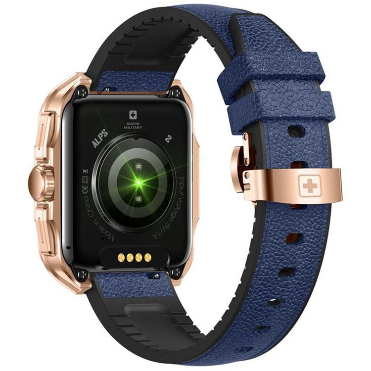 Swiss Military Alps 2, 1.85" HD Display, 4GB Built-in Memory, Workout Detection, Blood Pressure & Oxygen Level Monitoring, Make and Receive Calls - Rose Gold Frame and Blue Leather Strap