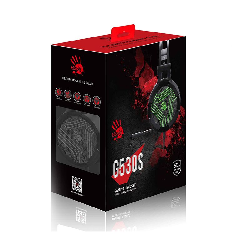 Bloody G530S Gaming Headset with Dazzling Single Green Lighting & Omni-Directional Noise-Canceling Mic., Soft Leather Auto-Adjusting Headband - Black