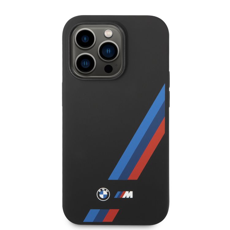 BMW M Collection Liquid Silicone Case with Slanted Tricolor Stripes PU iPhone 14 Pro Compatibility - Black