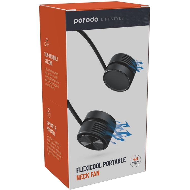 مروحة رقبة من السيليكون المحمولة من Porodo LifeStyle Flexicool صديقة للبشرة مع وقت شحن لمدة ساعتين ومنفذ شحن من النوع C - أسود