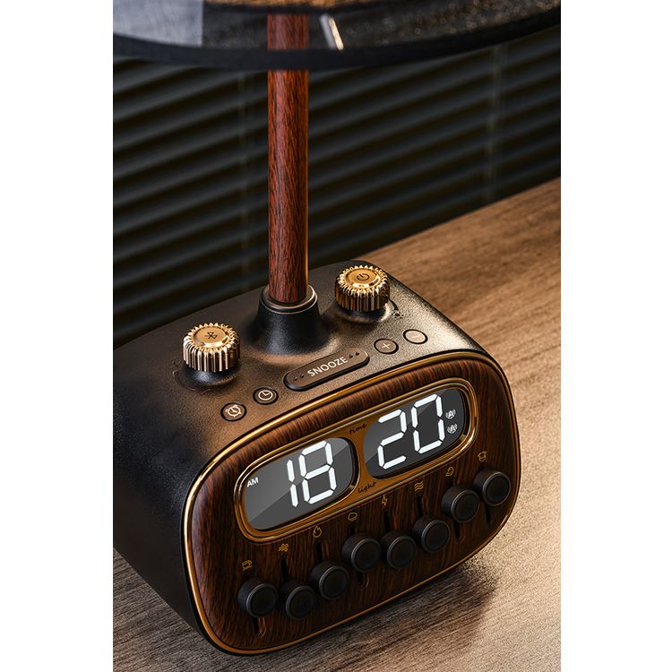 مصباح مكتبي ريترو من بورودو مع ضوضاء بيضاء ومكبر صوت بتقنية البلوتوث ووظيفة التنبيه والغفوة و3 مستويات سطوع (منخفضة ومتوسطة وعالية) وشحن لاسلكي مزدوج وشاشة رقمية عالية الدقة - أسود 