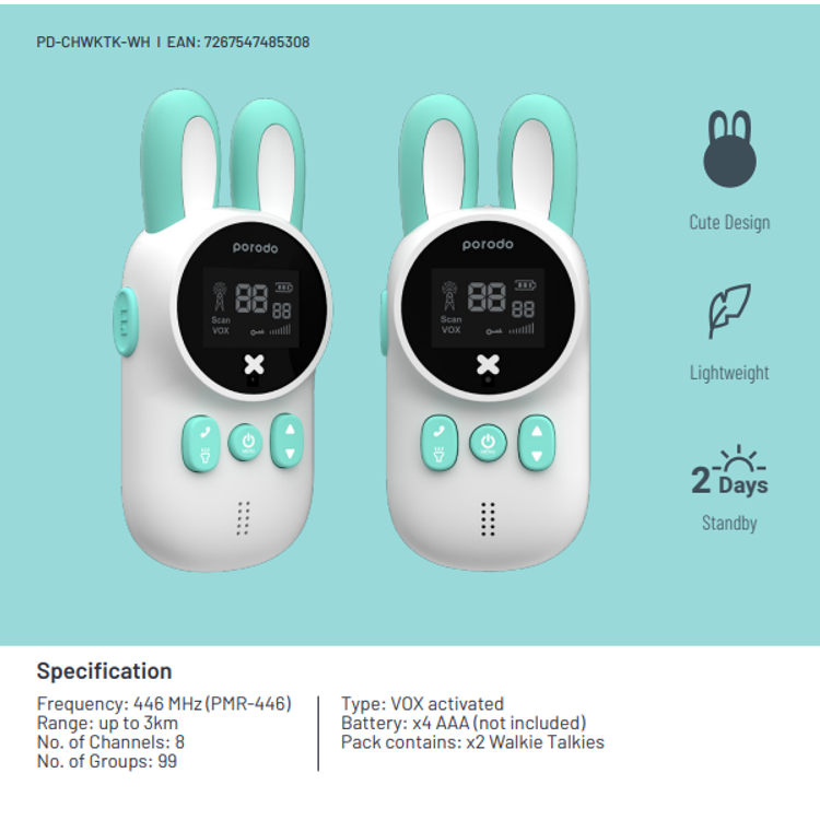 لعبة وكي توكي من بورودو للأطفال بأجهزة راديو ثنائية الاتجاه مناسبة للأنشطة الداخلية والخارجية مع مصباح يدوي - أبيض