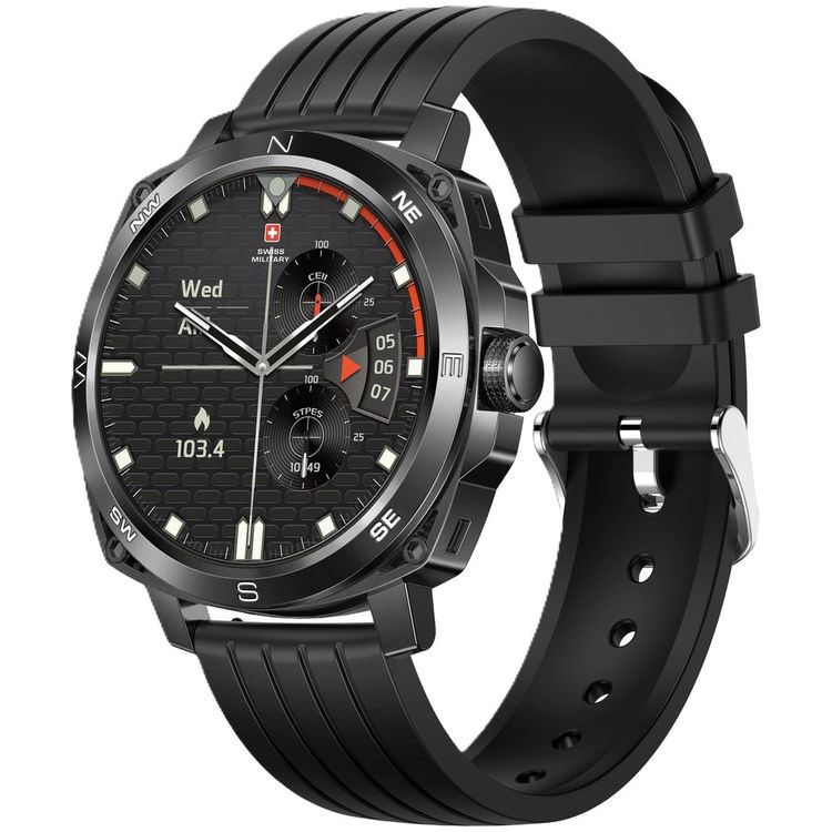 Swiss Military DOM4 Smartwatch, 1.43" AMOLED Display, Built in Compass, Bluetooth Calling, Workout Detection - Black With Black Silicon Strap