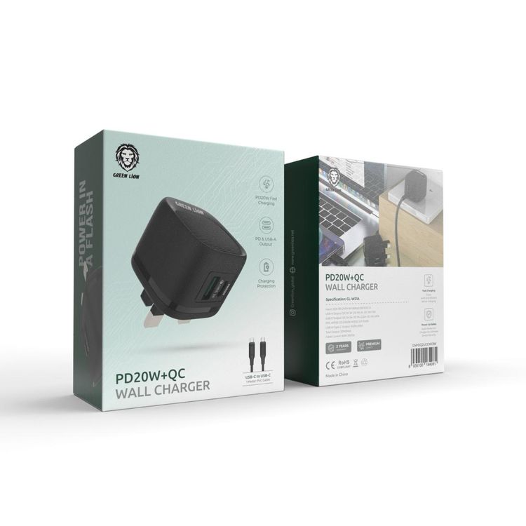 شاحن حائط Green Lion PD 20W + QC مع كابل من النوع C إلى النوع C  - أسود