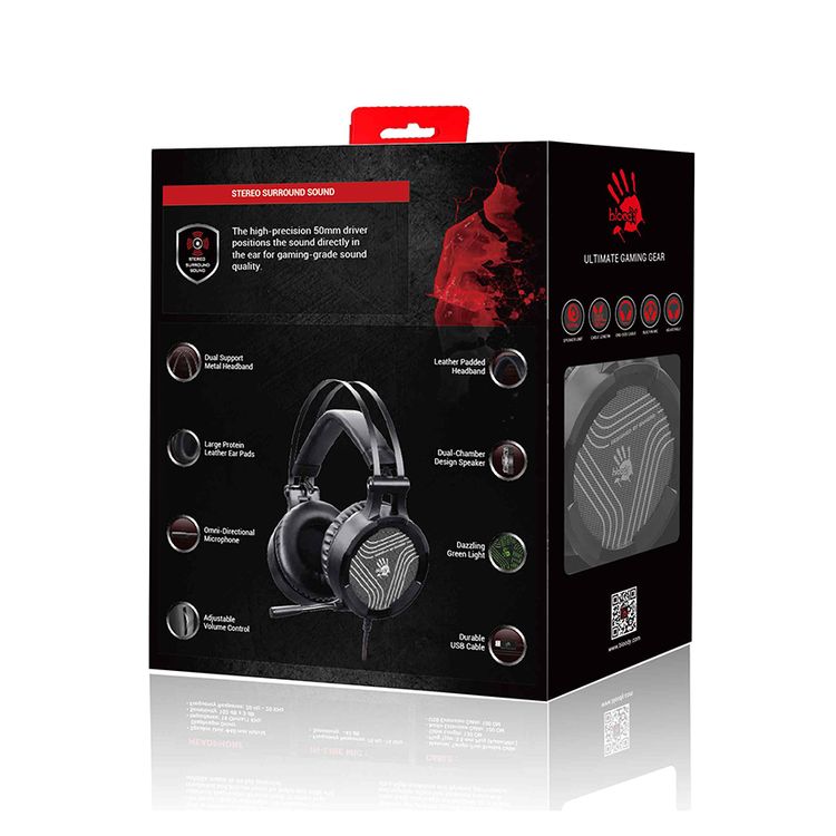 Bloody G530S Gaming Headset with Dazzling Single Green Lighting & Omni-Directional Noise-Canceling Mic., Soft Leather Auto-Adjusting Headband - Black