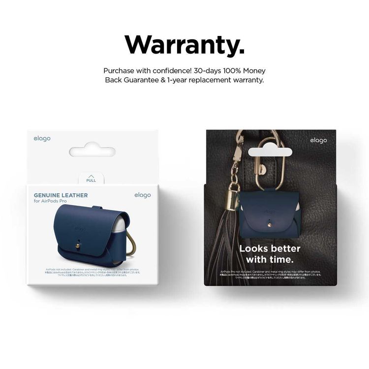 Elago Genuine Leather Case Compatible w/ Apple Airpods Pro, Vintage Design, Supports Wireless Charging, Brass Ring Holder, Anti-Slip, Shock Proof, Bring as Keychain - Jean Indigo