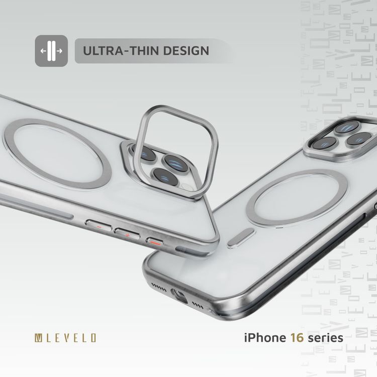 كفر حماية Levelo Elio PC مع حامل حلقي للكاميرا لهاتف iPhone 16 Pro، حامل مدمج، متوافق مع MagSafe - فضي 