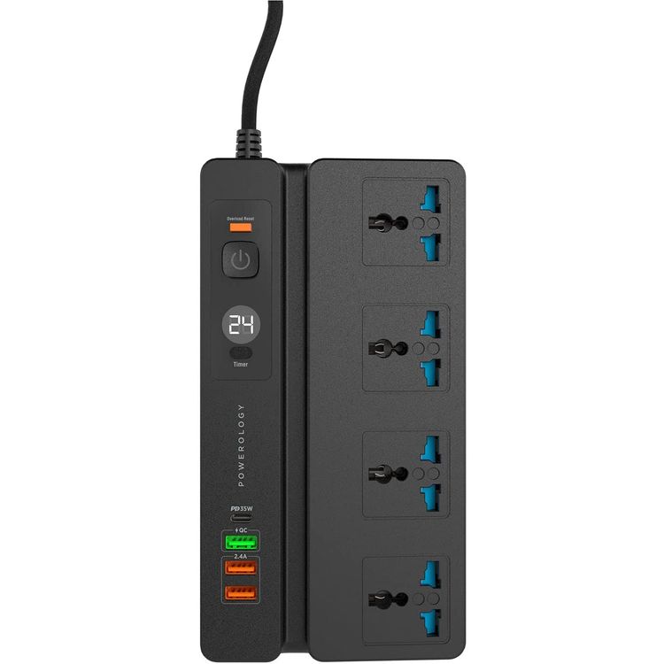 Powerology Universal Socket P65MPSBK 4 AC, 3 USB Ports & USB-C PD 35W Socket with Phone Stand and Timer - Black