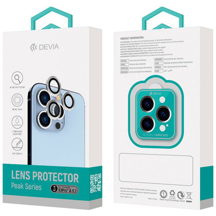 Devia Peak Series Lens Protector ( 3PCS ) for iPhone 13 Pro & 13 Pro Max, 9H Seamless Absorption, 360 Protection Lens, Aluminum Alloy + Tempered Glass Lens Protector - Blue